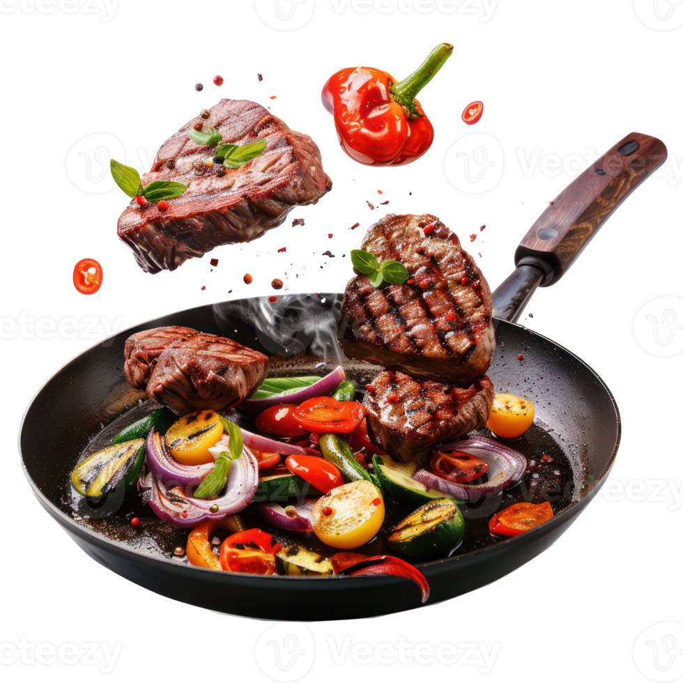floated seperated Flying beef steaks with grilled vegetable and pan isolate on transparency background png