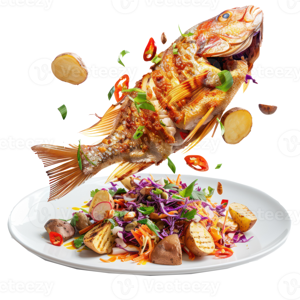 floated fried tilapia with asian slaw and roasted potatoes falling into a plate isolate on transparency background png