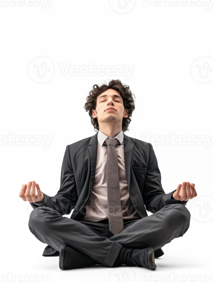 A man in a business suit with a tie that free and windblown is sitting in the lotus posture with closed eyes. On a pure white background png
