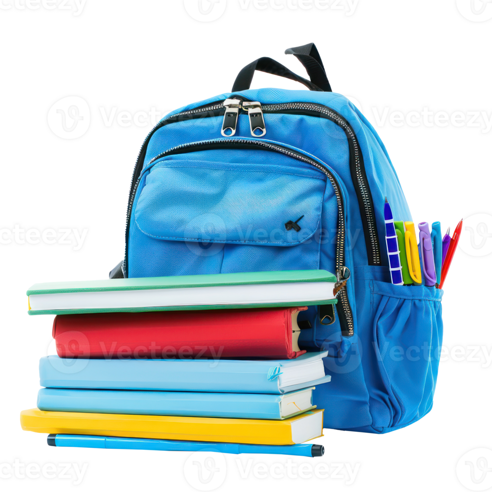 School backpack with stack book and pens isolate on transparency background png