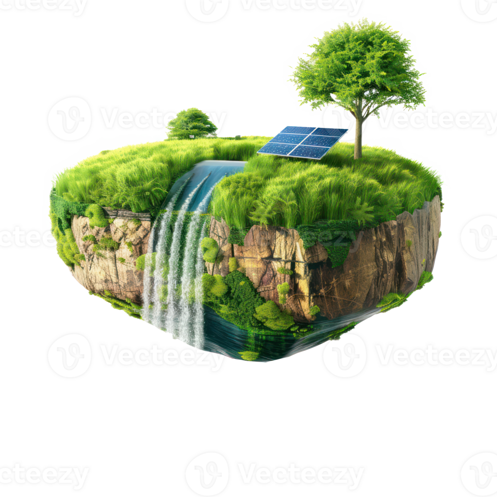 flotante verde césped isla con cascada y solar panel y viento turbina aislar en transparencia antecedentes png