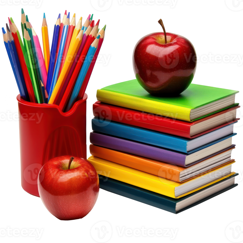 box of pencils and stack of books with red apple isolate on transparency background png