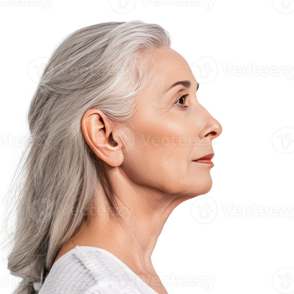 Portrait of beautiful senior woman with clean glowing face skin side view isolate on transparency background png