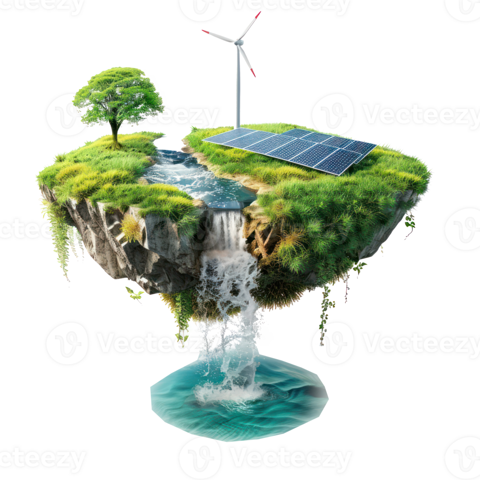 floated green grass island with waterfall and solar panel and wind turbine isolate on transparency background png