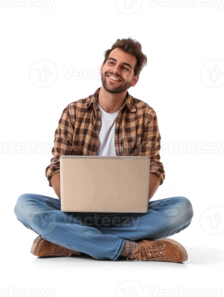 A man is sitting cross-legged on floor with a laptop on his lap , he is looking happy. isolate on transparency background png