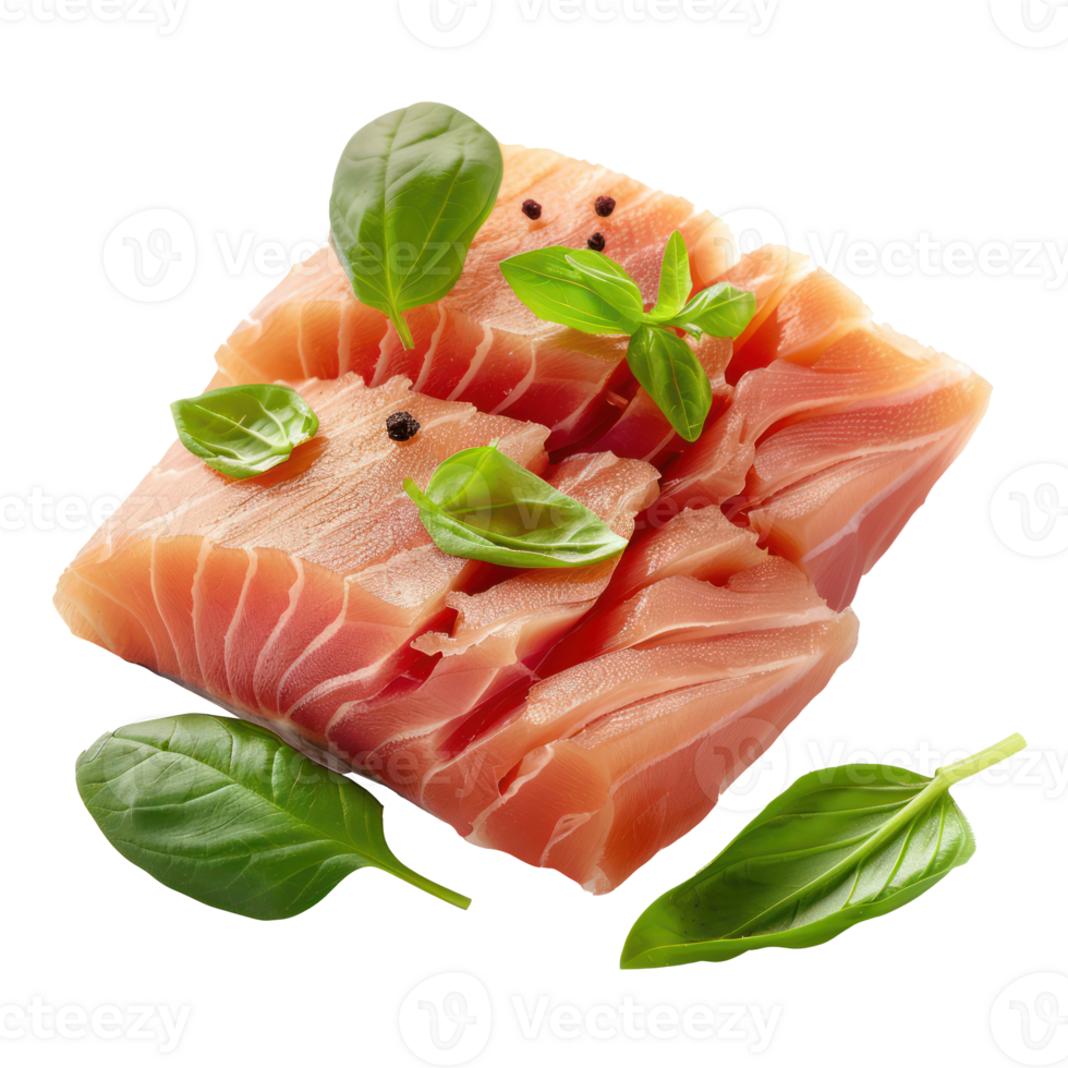 floated slice of fresh raw fish isolate on transparency background png