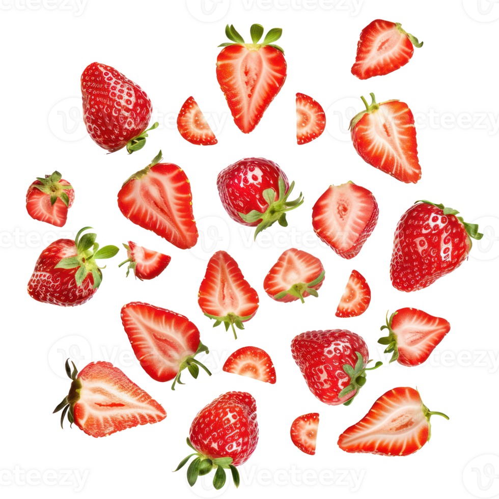 floated slices of strawberries isolate on transparency background png
