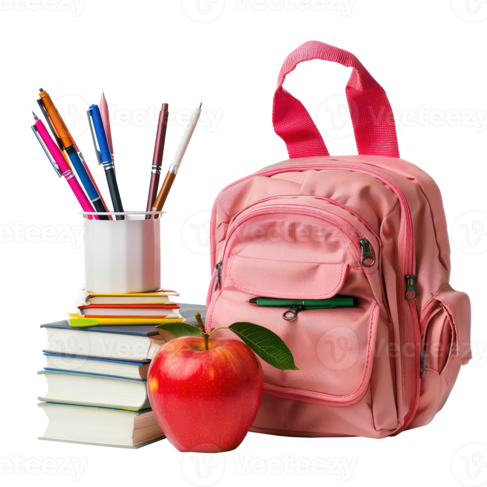 School bag and red apple and box of pen holder with stack book isolate on transparency background png