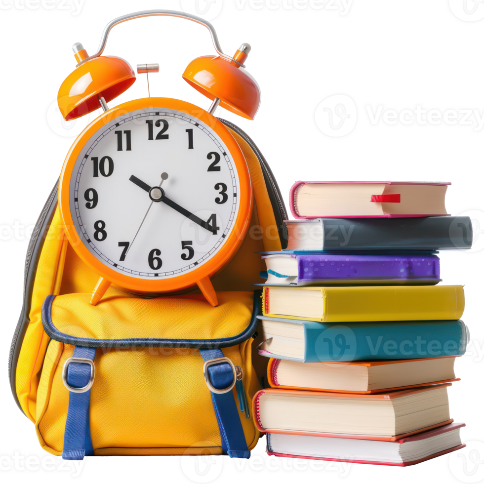 Alarm clock with school bag and stack of books isolate on transparency background png