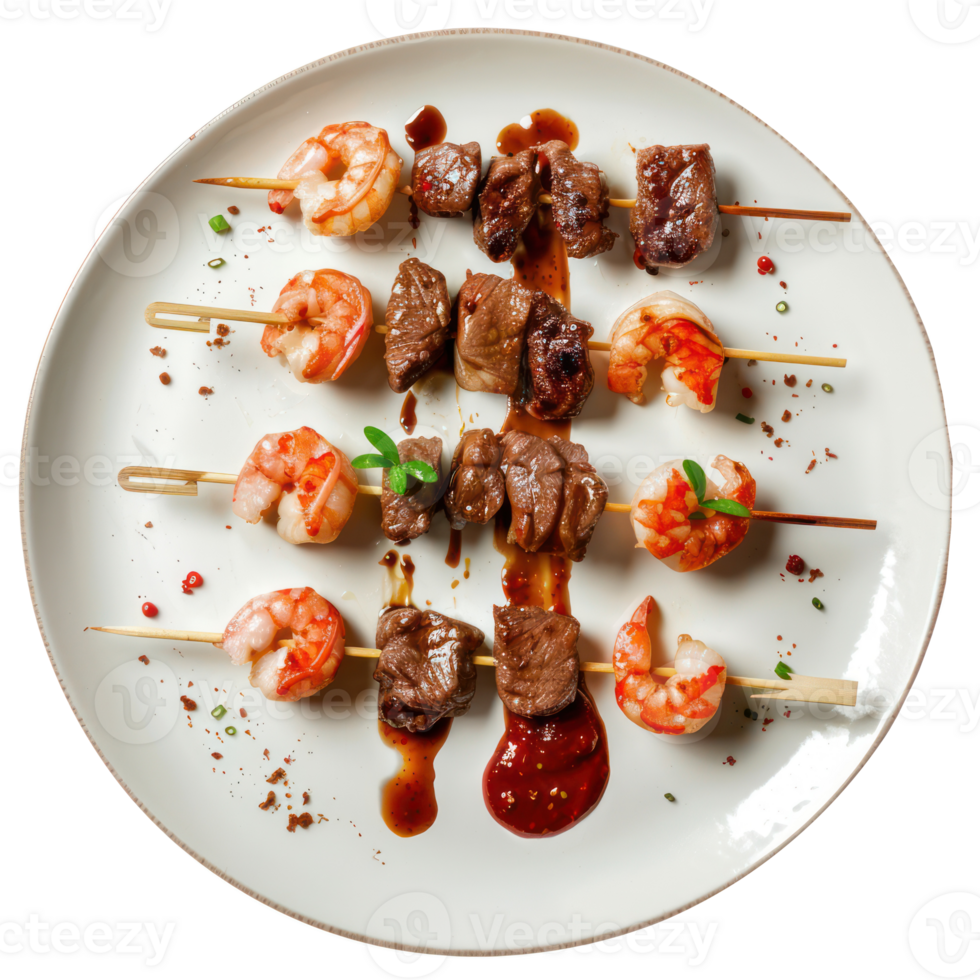 floated Shrimp and beef skewers falling into a plate isolate on transparency background png