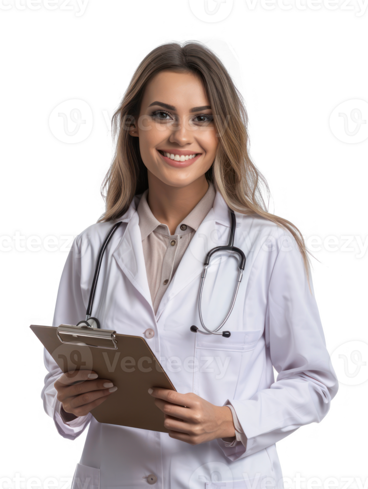 Smiling female doctor holding clipboard isolate on transparency background png