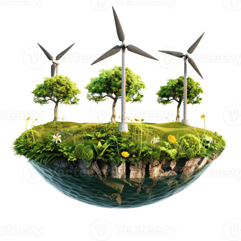 floated green grass island with 3 wind turbine transparency background png