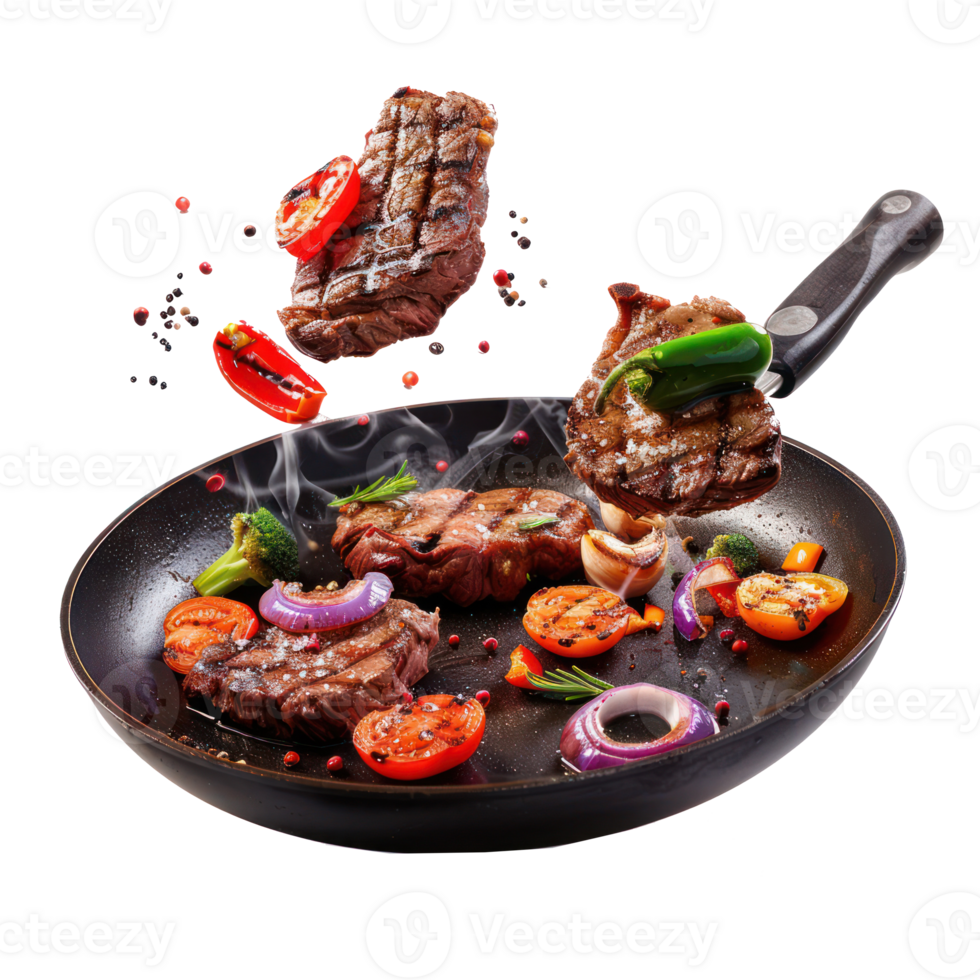 floated seperated Flying beef steaks with grilled vegetable and pan isolate on transparency background png