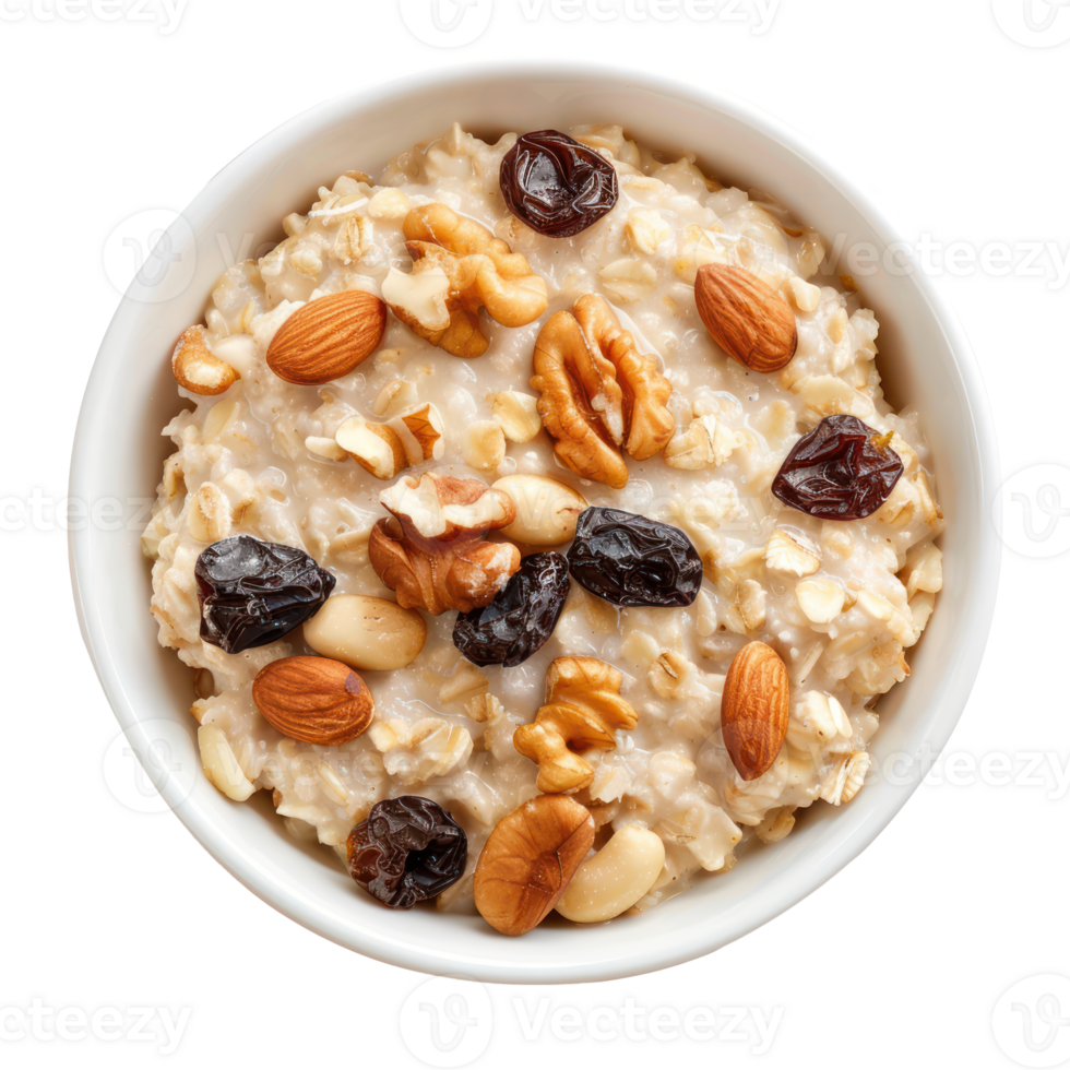 Oatmeal with nuts and raisins isolate on transparency background png
