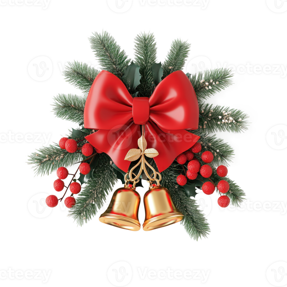 Christmas pine and holly swag with big red bow and two gold bells 3D clay style bright isolate on transparent background png