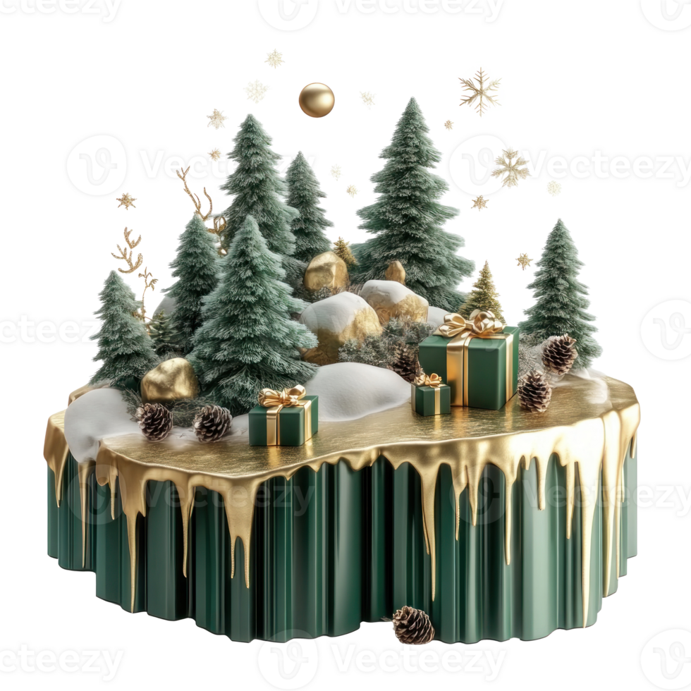 3D Christmas elements and decoration are combined into scenes floating island in green and gold color isolate on transparent background png