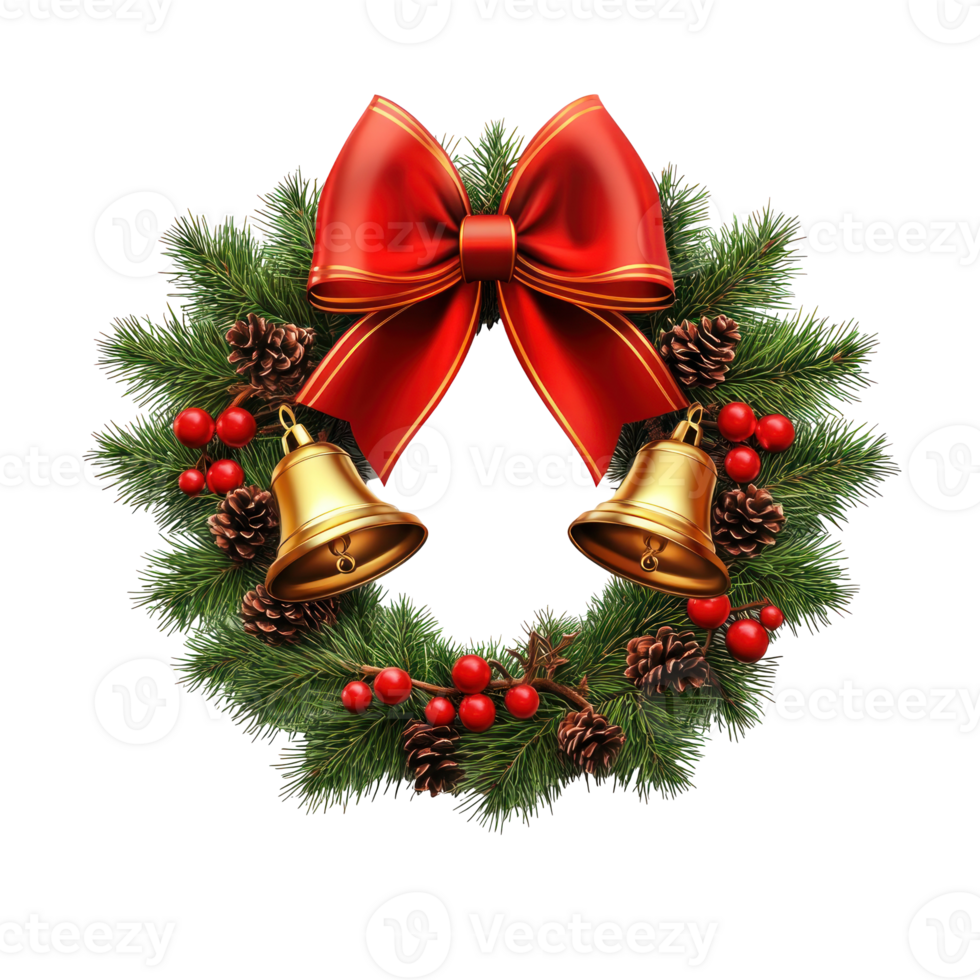 Christmas Wreath big red bow two gold bell 3D icon cartoon isolate on transparent background png