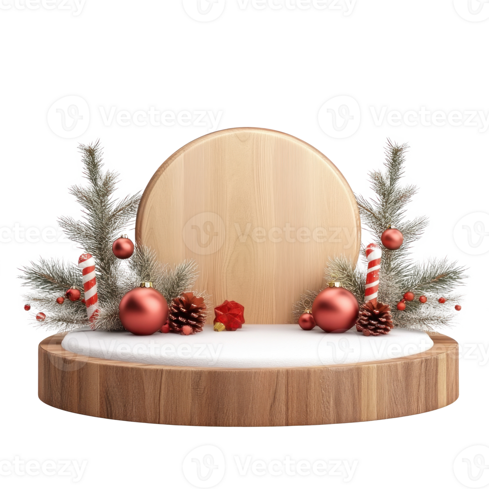 Wooden podium with Christmas decorations 3D icon cartoon smooth soft light isolate on transparent background png
