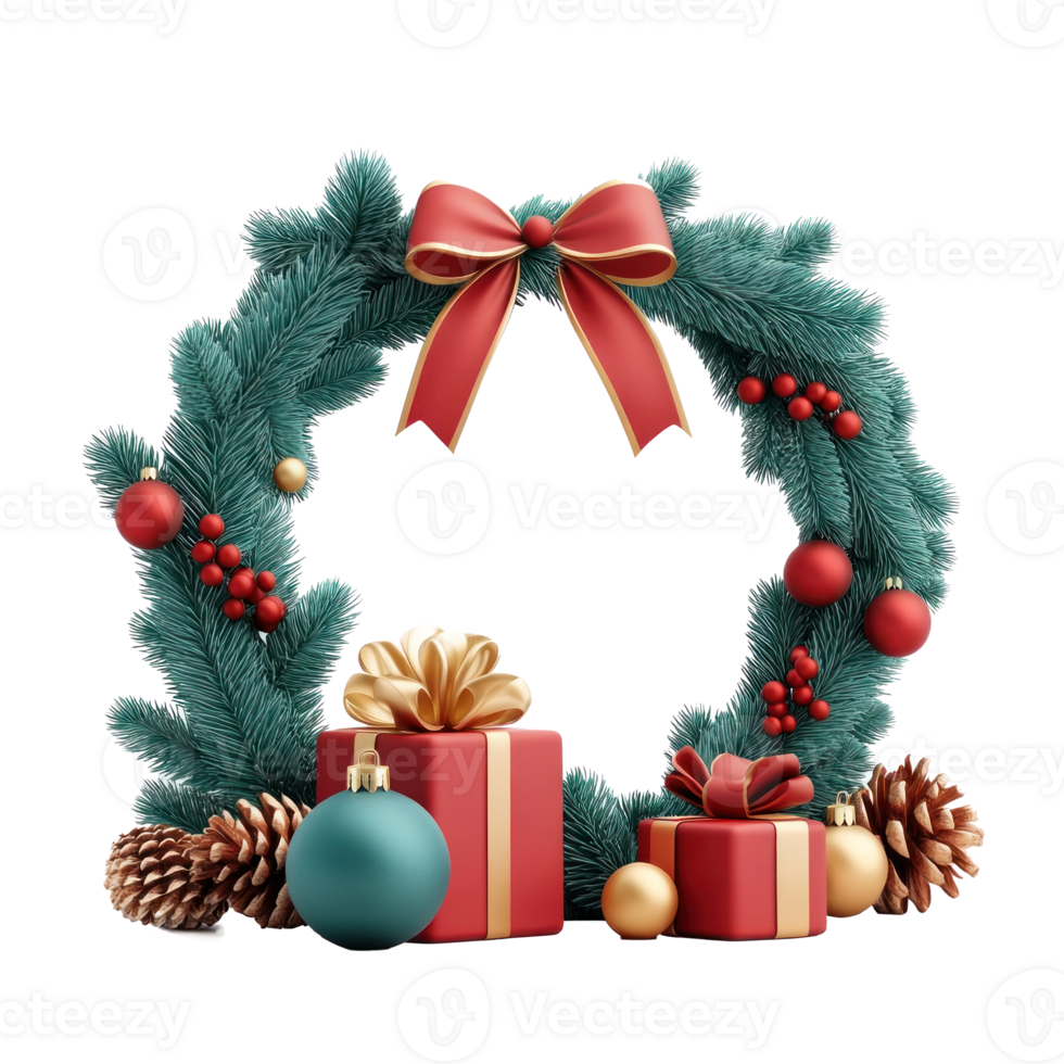 Christmas garland decoration green fir red and baubles and gifts with gold ribbon 3D icon cartoon minimalist isolate on transparent background png