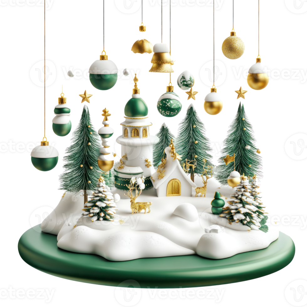 3D Christmas elements and decoration are combined into scenes floating island in green and white and gold color isolate on transparent background png