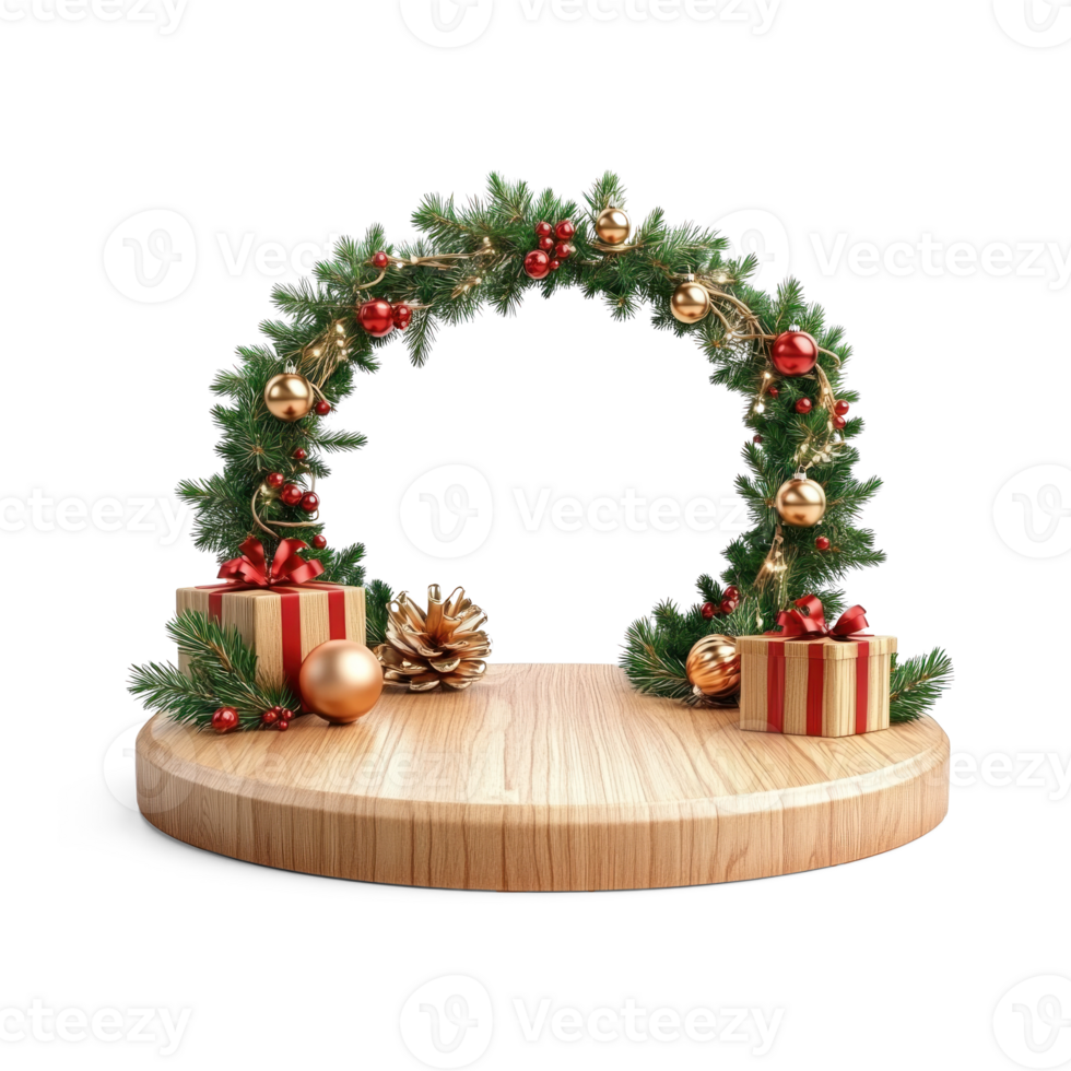 Empty Wooden podium with Christmas decorations items 3D icon cartoon smooth soft light isolate on transparent background png