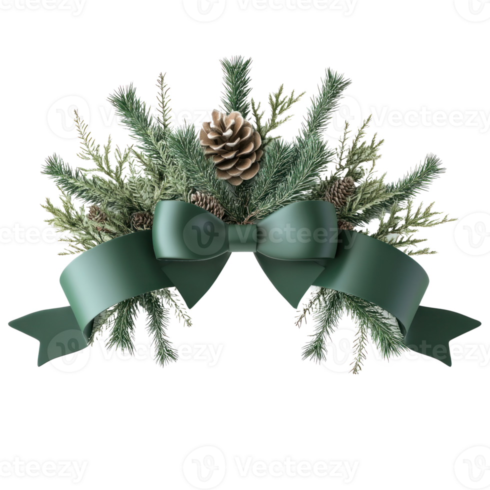 A festive garland adorned and a decorative green ribbon with the pine branches forming an elegant curve 3D clay style bright isolate on transparent background png