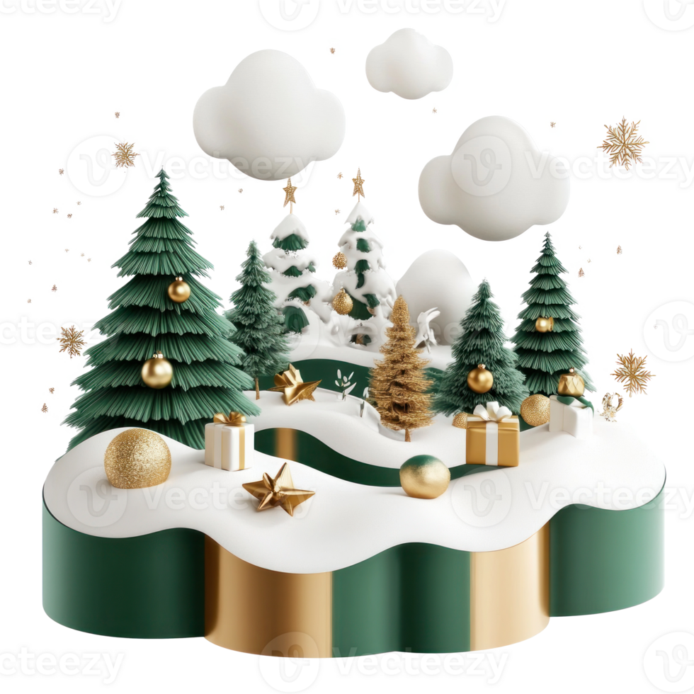 3D Christmas elements and decoration are combined into scenes floating island in green and white and gold color isolate on transparent background png