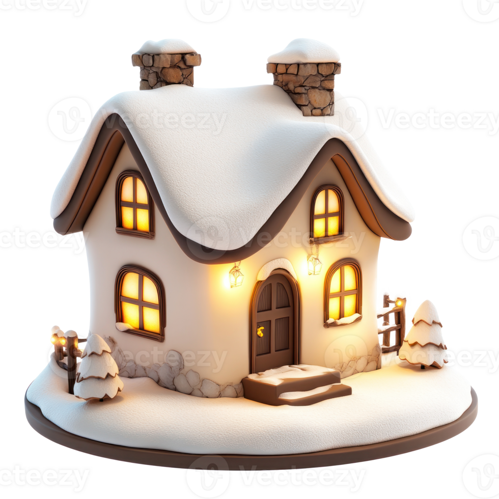Modern house model decoration with lights and snow 3D icon isolate on transparent background png