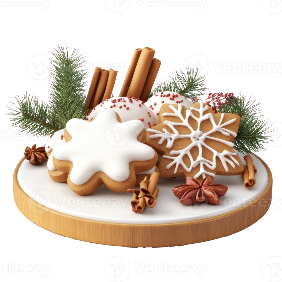 Christmas pine with frosted sugar cookies and cinnamon and fir branch 3D icon isolate on transparent background png
