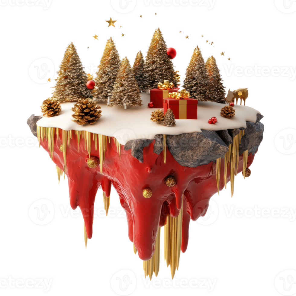3D Christmas elements and decoration are combined into scenes floating island in red and gold color isolate on transparent background png