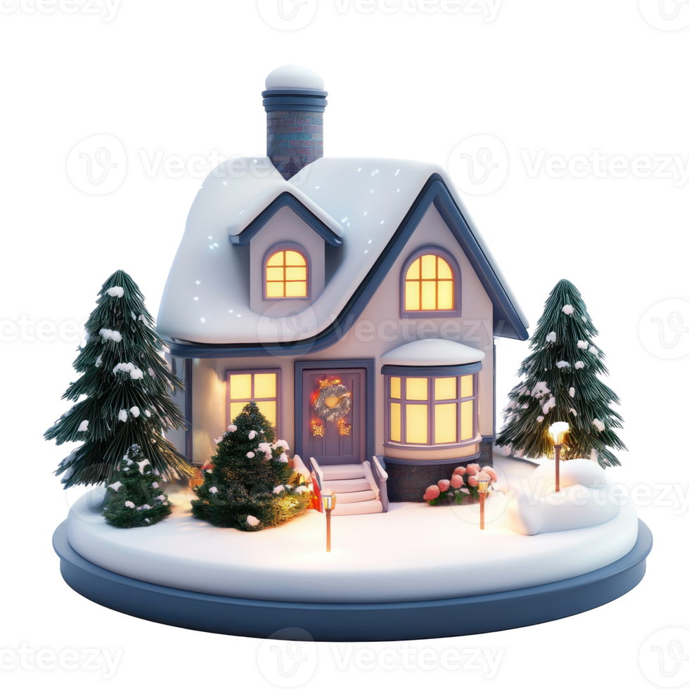 Modern house model decoration with lights and snow 3D icon cartoon smooth soft light isolate on transparent background png