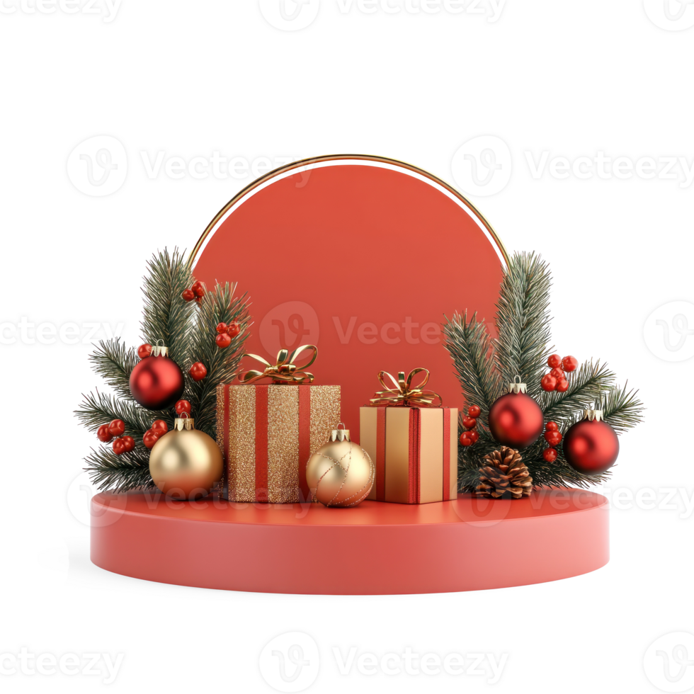 Empty Christmas podium with gold and red decorations and presents 3D icon isolate on transparent background png