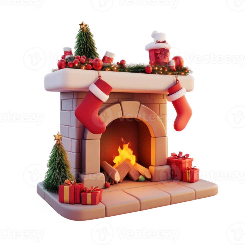 Christmas fireplace with red stockings gifts and decorations 3D icon cartoon smooth soft light isolate on transparent background png