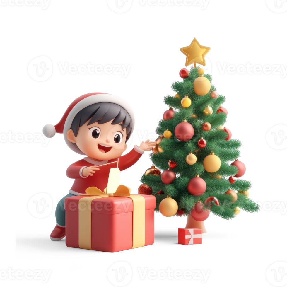A child excitedly opening a Christmas present under a fir tree decorated with ornaments 3D icon cartoon smooth soft light isolate on transparent background png
