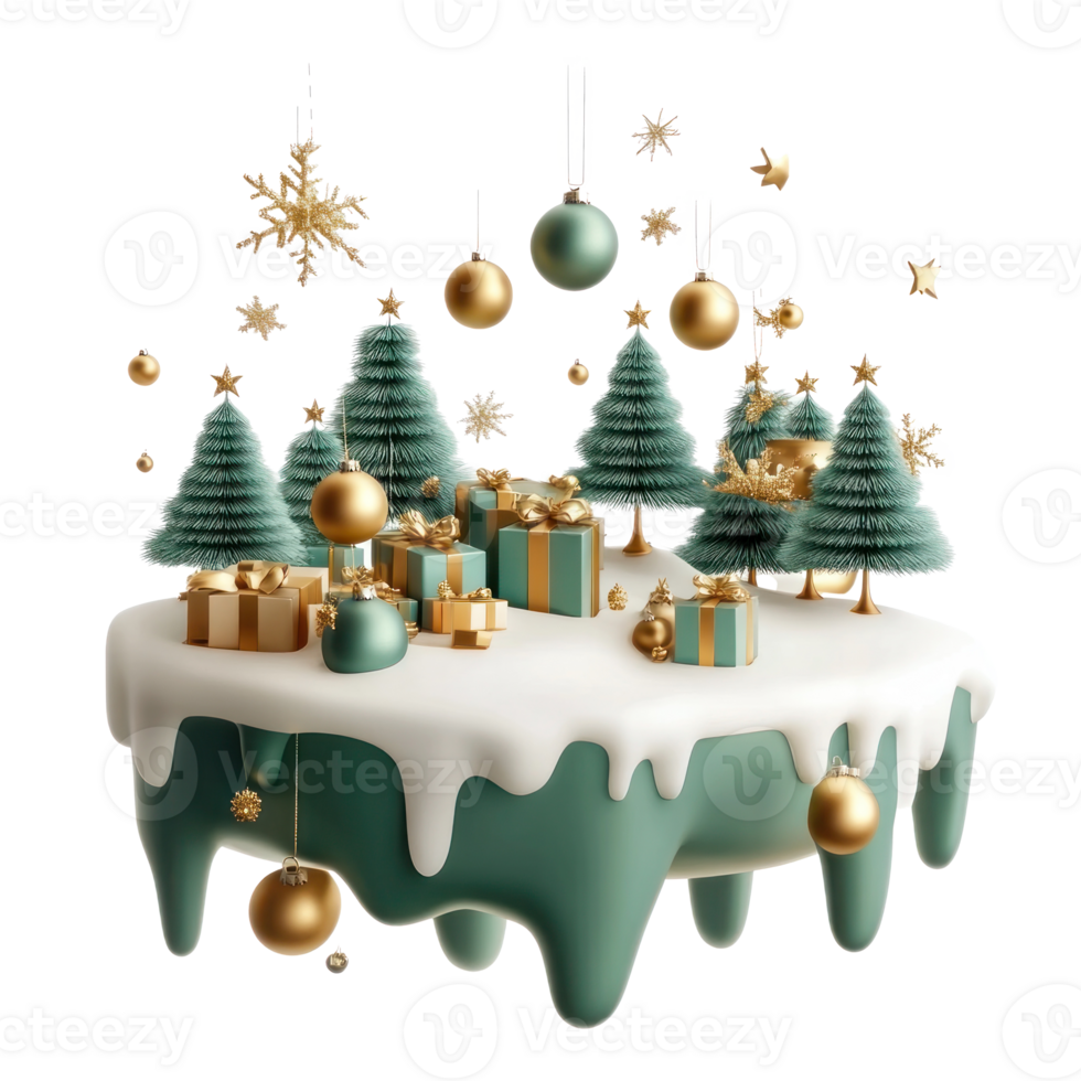 3D Christmas elements and decoration are combined into scenes floating island in green and gold color isolate on transparent background png