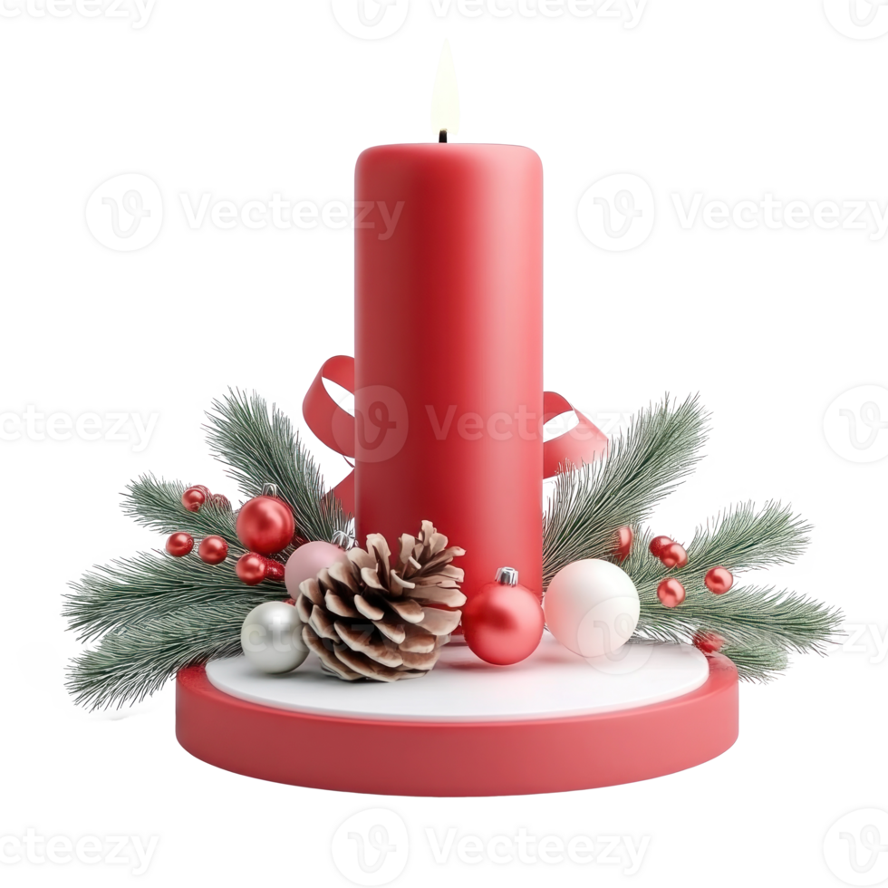 Christmas red candle with ribbon and baubles with pinecones and green fir branch 3D icon isolate on transparent background png