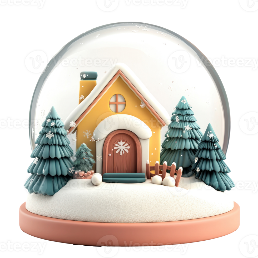 Winter house inside Snow Globe 3D clay style round edges bright isolate on transparent background png