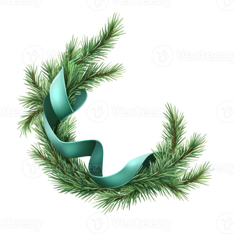 A festive garland adorned and a decorative green ribbon with the pine branches forming an elegant curve 3D icon cartoon minimalist isolate on transparent background png