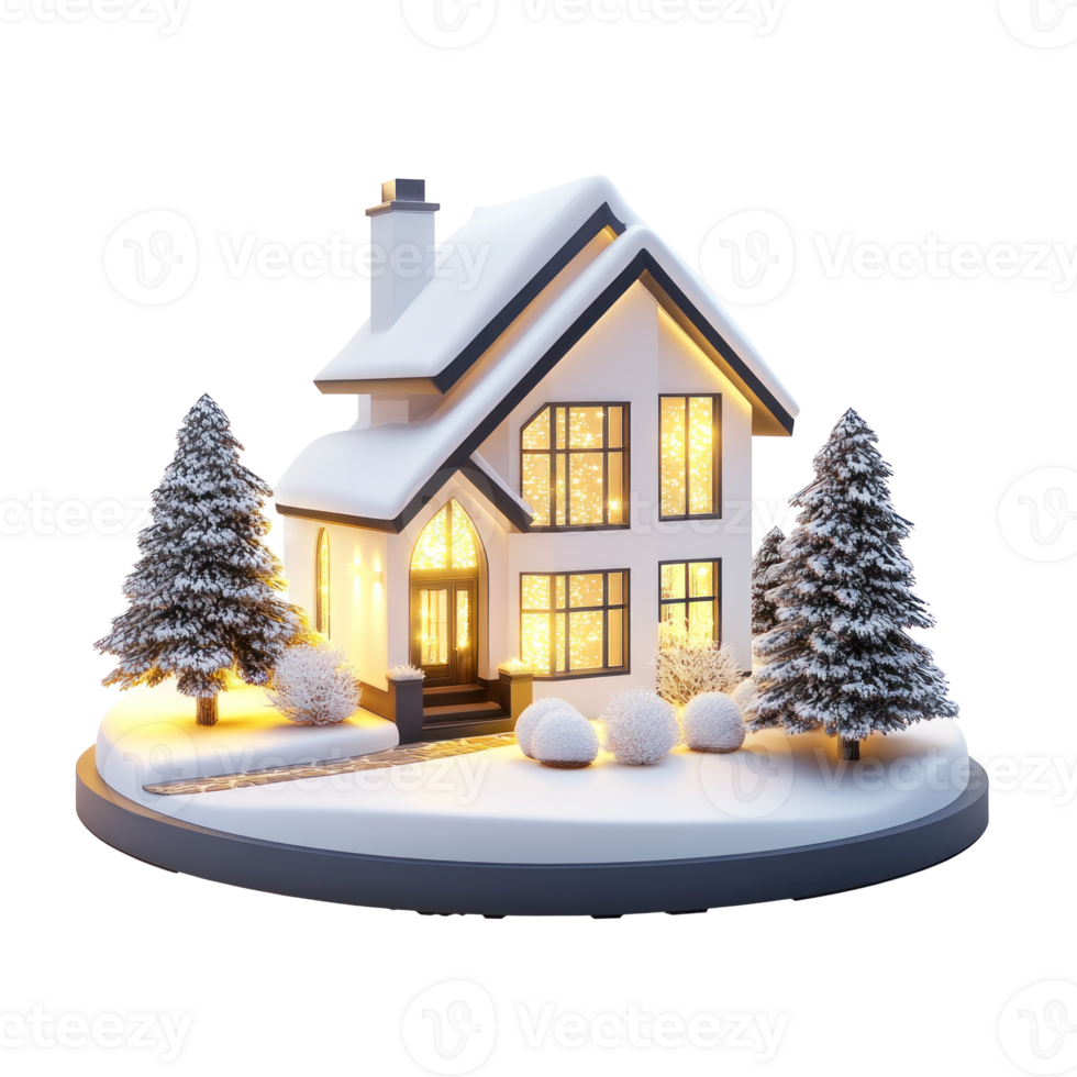 Modern house model decoration with lights and snow 3D icon cartoon smooth soft light isolate on transparent background png