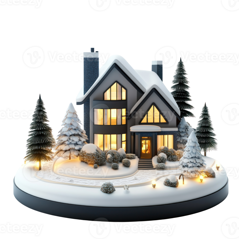 Modern house model decoration with lights and snow 3D icon cartoon smooth soft light isolate on transparent background png