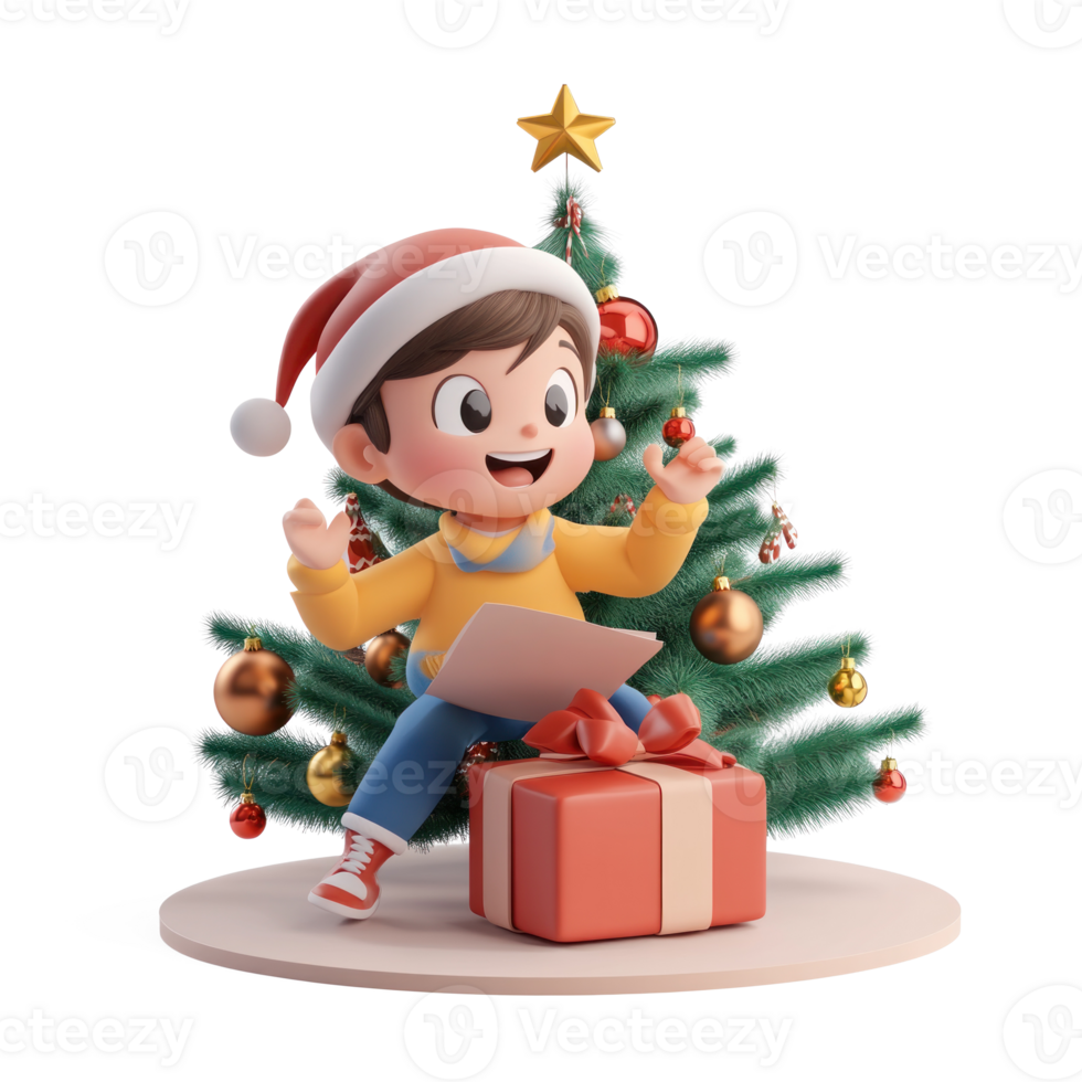 A child excitedly opening a Christmas present under a fir tree decorated with ornaments 3D icon cartoon smooth soft light isolate on transparent background png