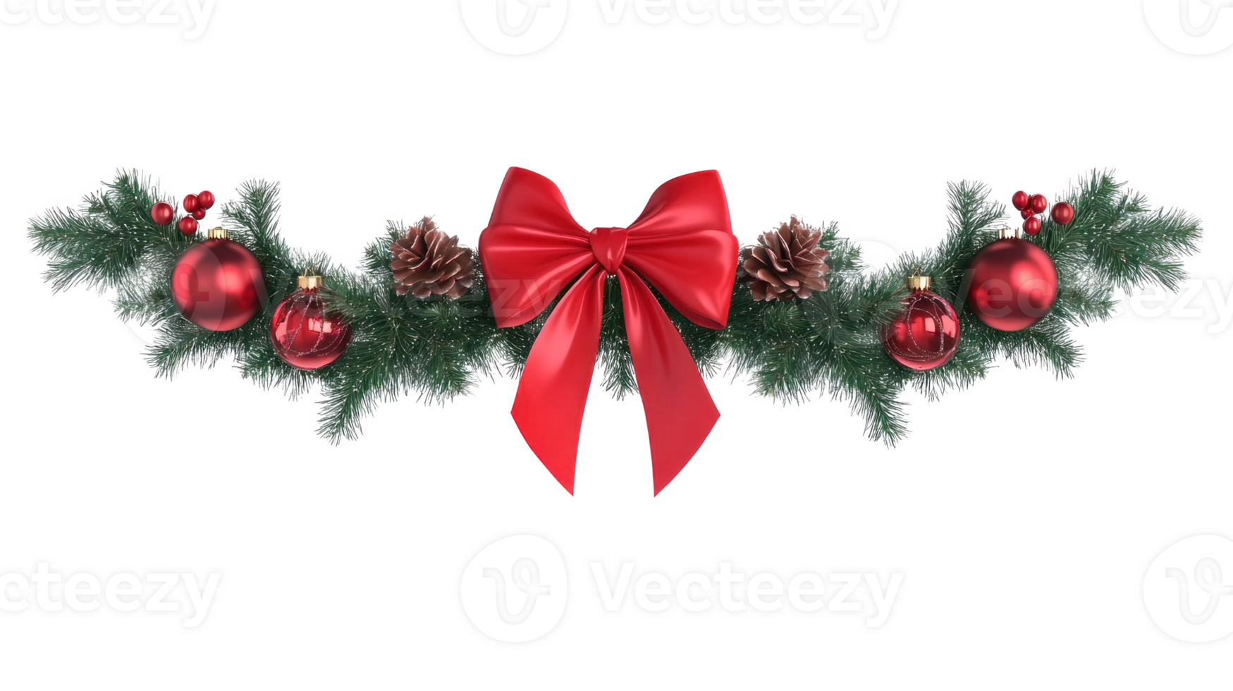 Christmas garland with ornaments and big red bow and ribbon hanging 3D icon cartoon isolate on transparent background png