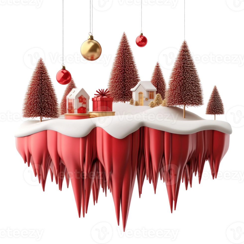 3D Christmas elements and decoration are combined into scenes floating island in red and gold color isolate on transparent background png