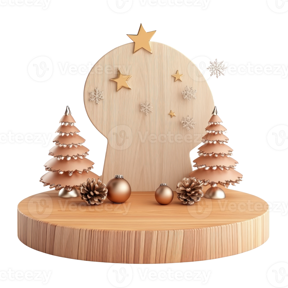 Wooden podium with Christmas decorations 3D icon cartoon smooth soft light isolate on transparent background png