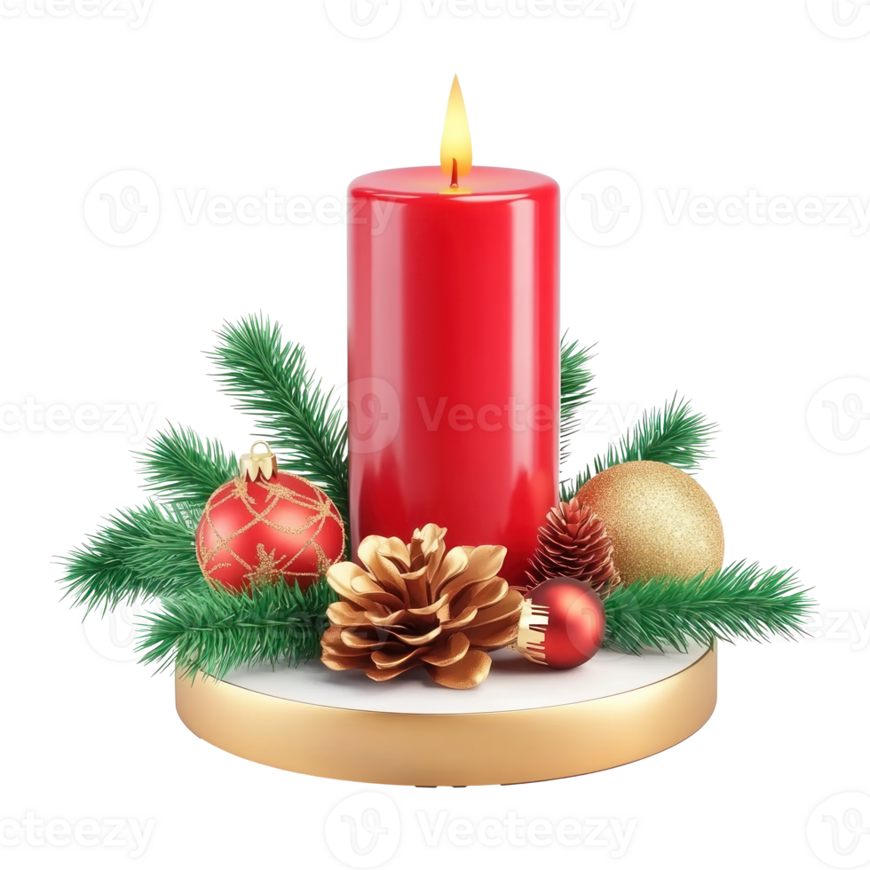 Christmas red candle with green fir branches and gold pinecones and baubles 3D icon cartoon smooth soft light isolate on transparent background png
