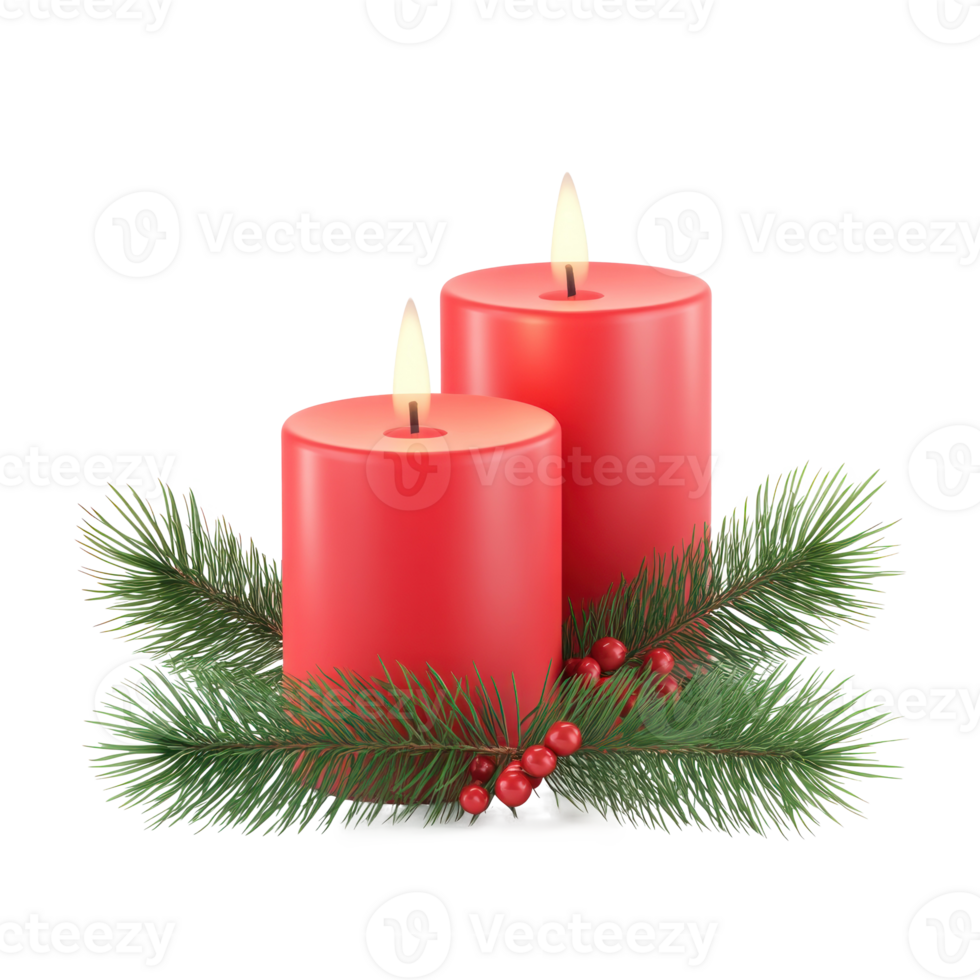 Red two candles with green fir branch 3D icon pastel colors isolate on transparent background png