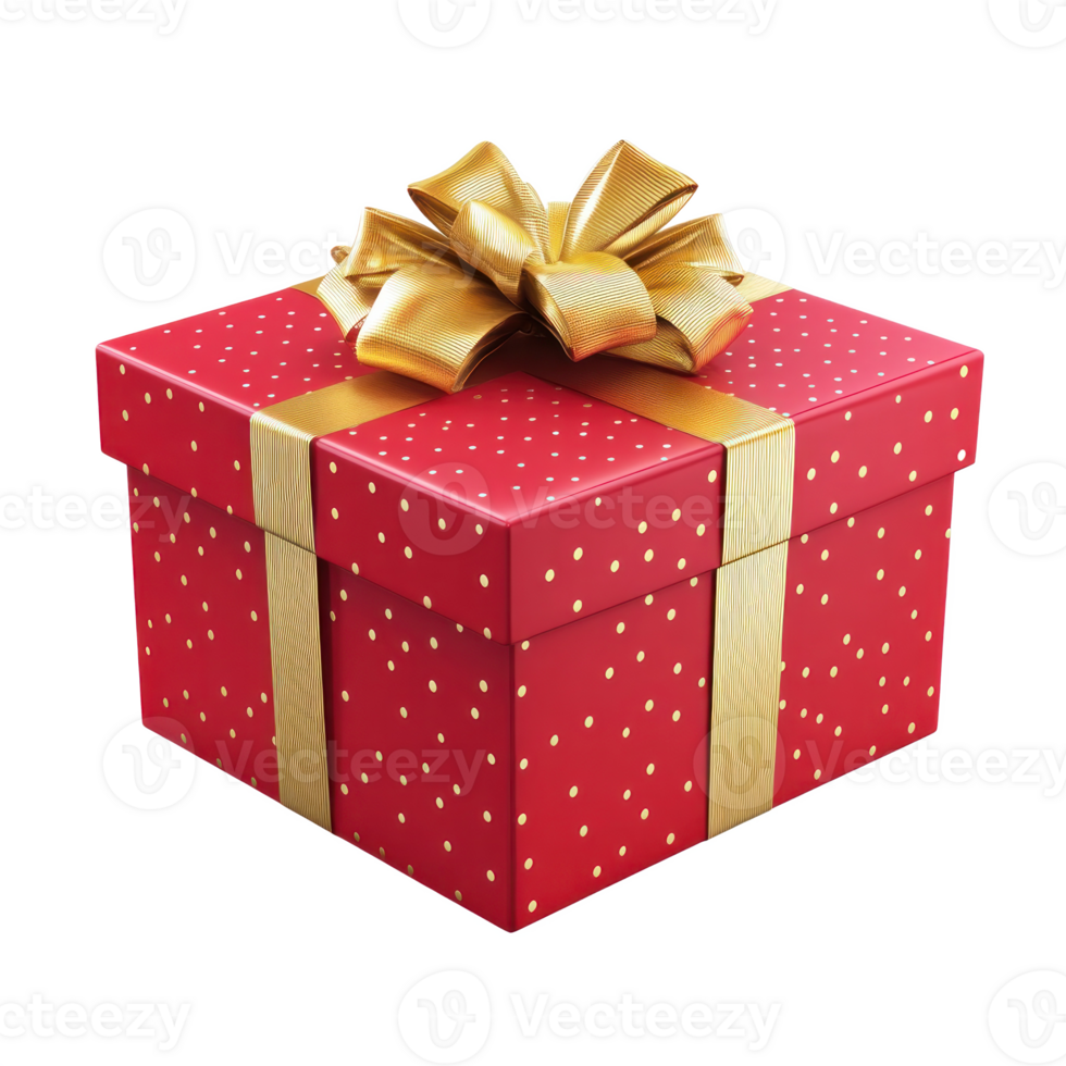 Red gift box with gold ribbon and bow 3D icon isolate on transparent background png