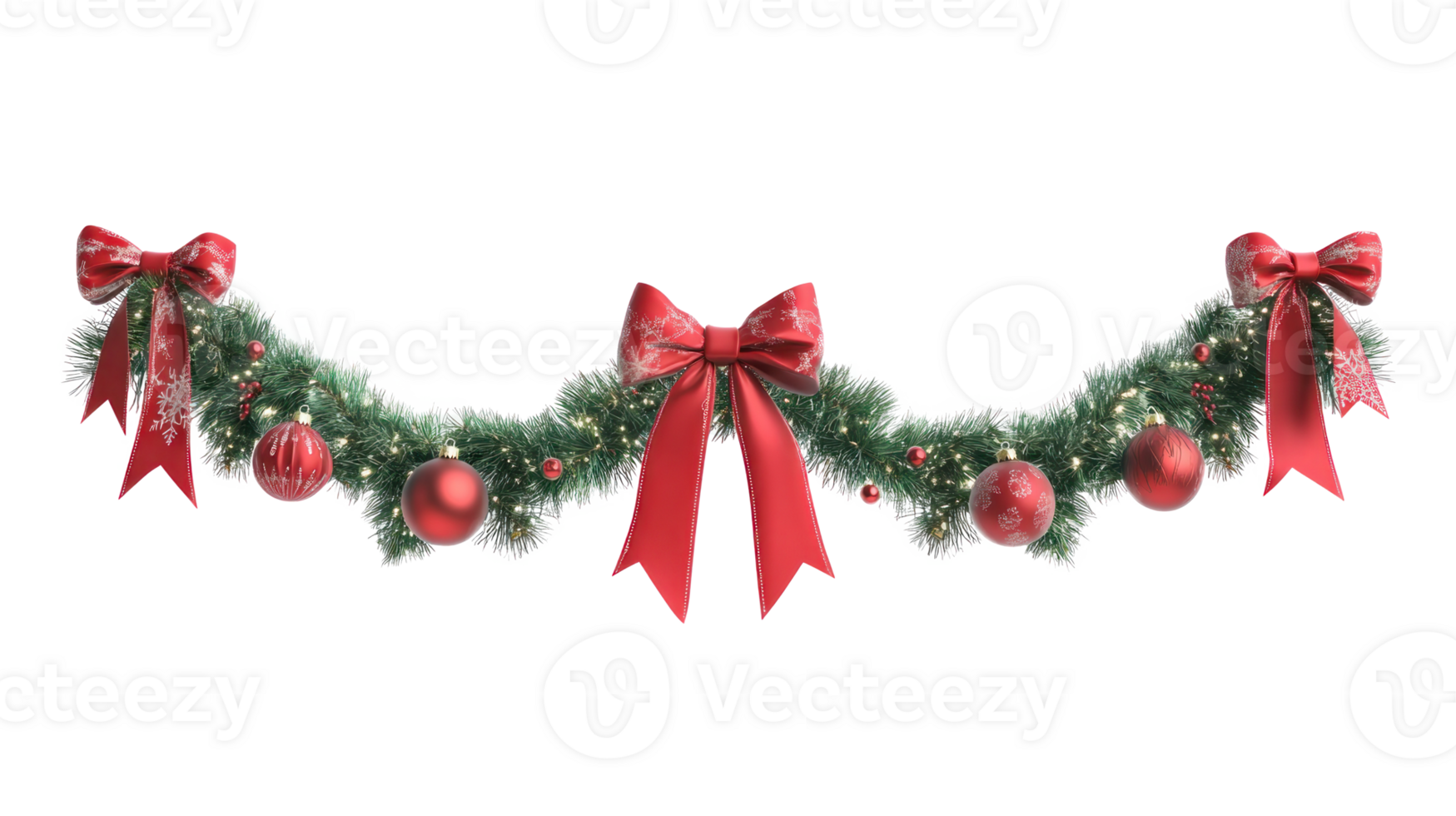 Christmas garland with ornaments and big red bow and ribbon hanging 3D icon cartoon isolate on transparent background png