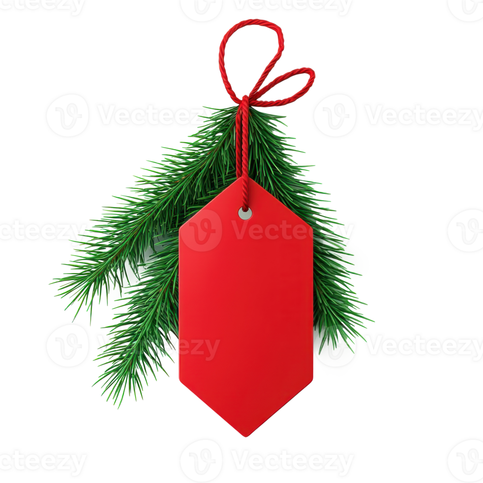 Christmas red sale tag with green fir branch 3D icon cartoon smooth soft light isolate on transparent background png