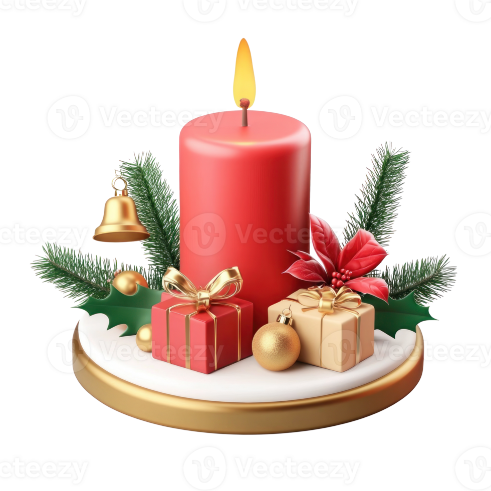 Christmas red candle with green fir branches and holly with gold gifts and jingle bell 3D icon cartoon smooth soft light isolate on transparent background png